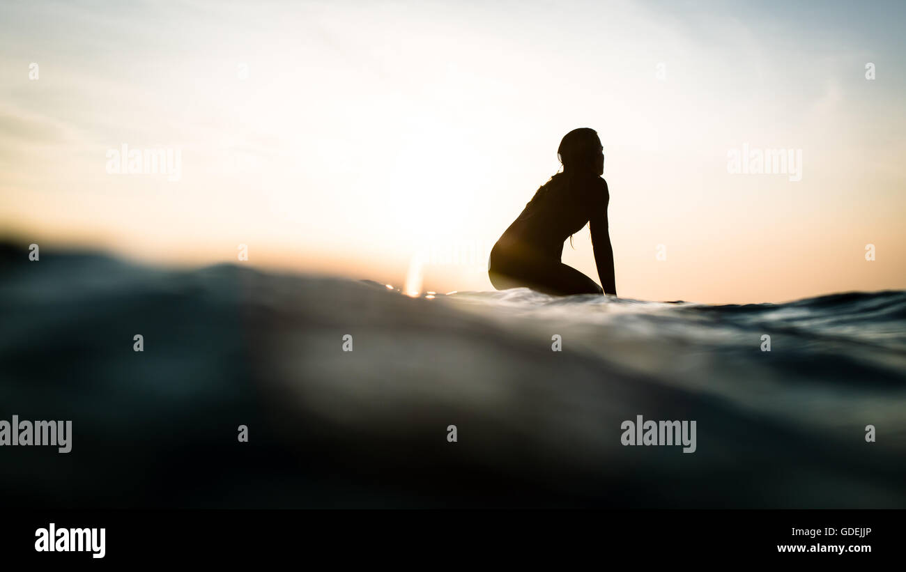 Silhouette einer Frau sitzen auf Surfbrett im Ozean, Malibu, California, Amerika, USA Stockfoto