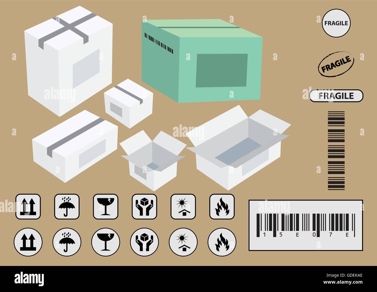 Verpackung-Symbole (diese Seite oben, vorsichtig, zerbrechlich, trocken halten, halten Sie vor direkter Sonneneinstrahlung, entzündlich, Barcode, recyclebar) Vektor Stock Vektor