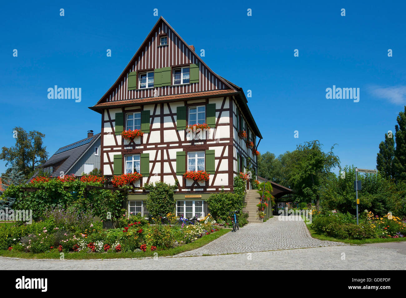 Fachwerkhaus auf der Insel Reichenau, Bodensee, Baden-Württemberg, Deutschland Stockfoto
