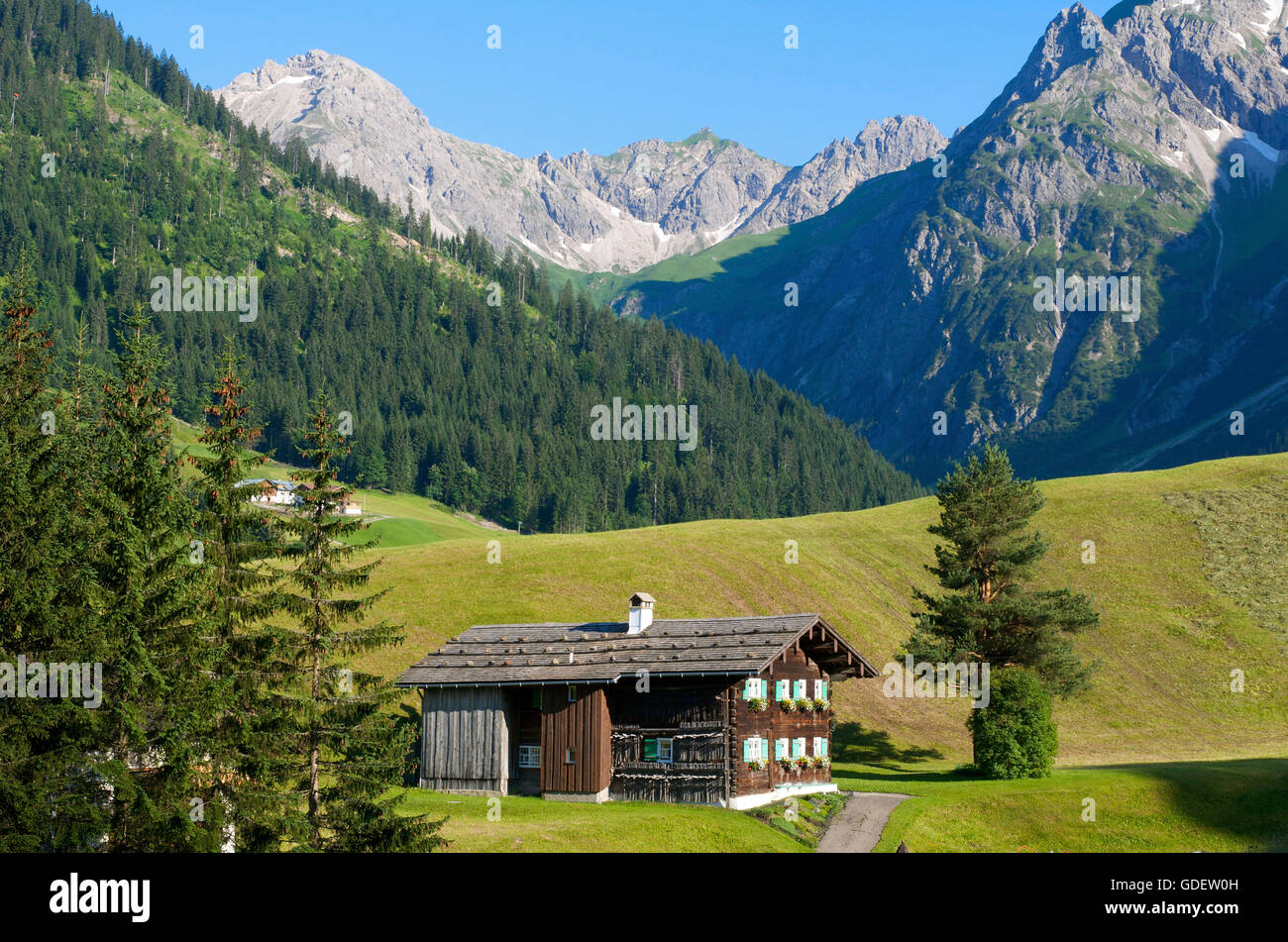 Traditionelle Bauernhäuser, Kleinwalsertal Tal, Allgäu, Vorarlberg, Österreich Stockfoto