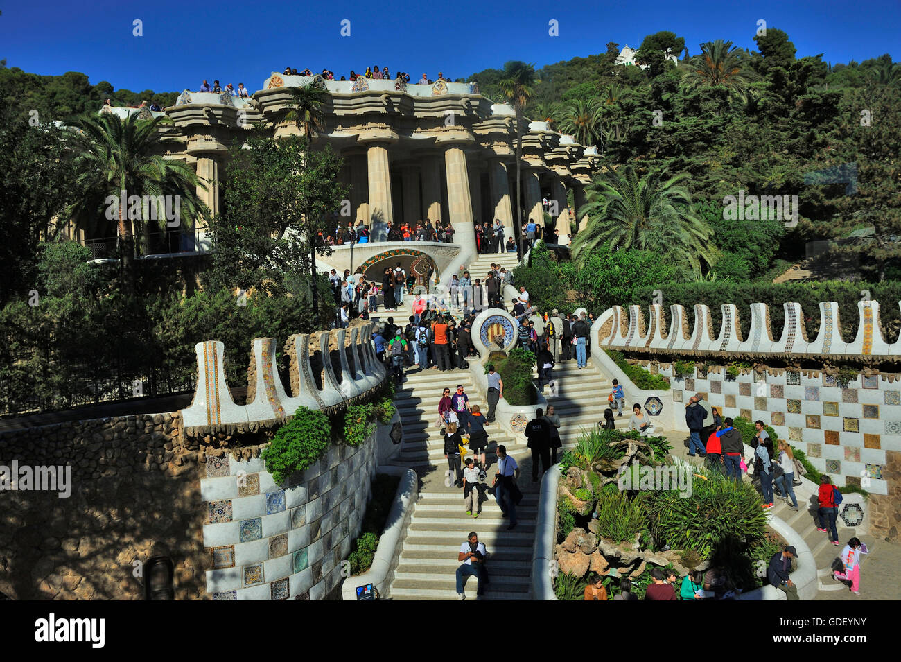 Gaudi, Park Güell, monumentale Treppe, Barcelona, Katalonien, Spanien Stockfoto