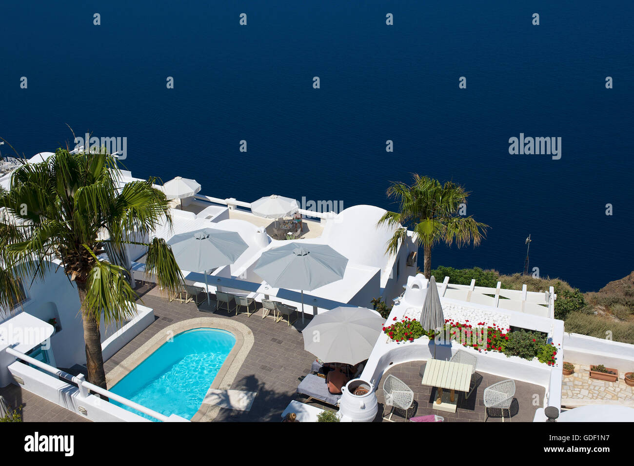 Schwimmbad, Firostefani, Santorin, Kykladen, Griechenland Stockfoto
