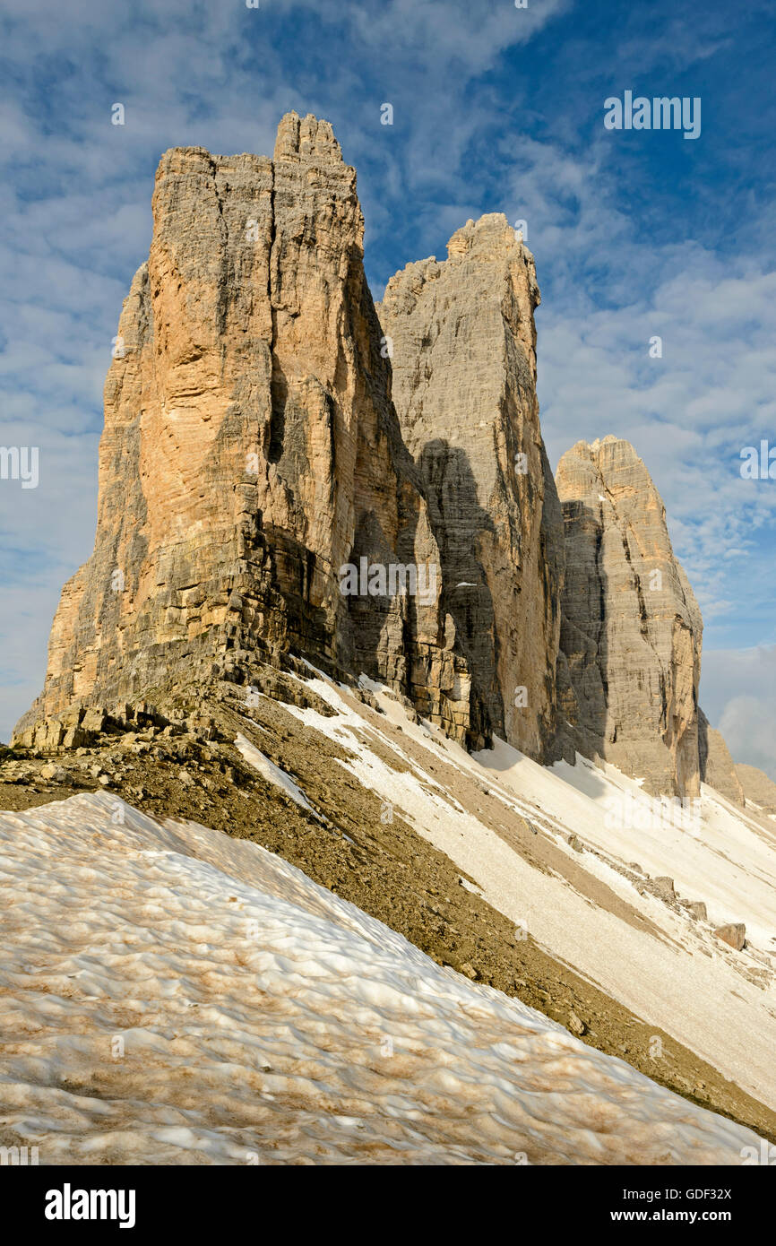 Drei Schornsteine, Tre Cime di Lavaredo, Südtirol, Sextener Dolomiten Alpen, Italien Stockfoto