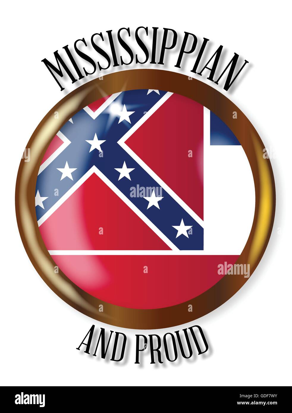 Mississippi State Flag Taste mit gold Metall kreisförmigen Rand auf weißem Hintergrund mit dem Text Mississippi und stolz Stock Vektor