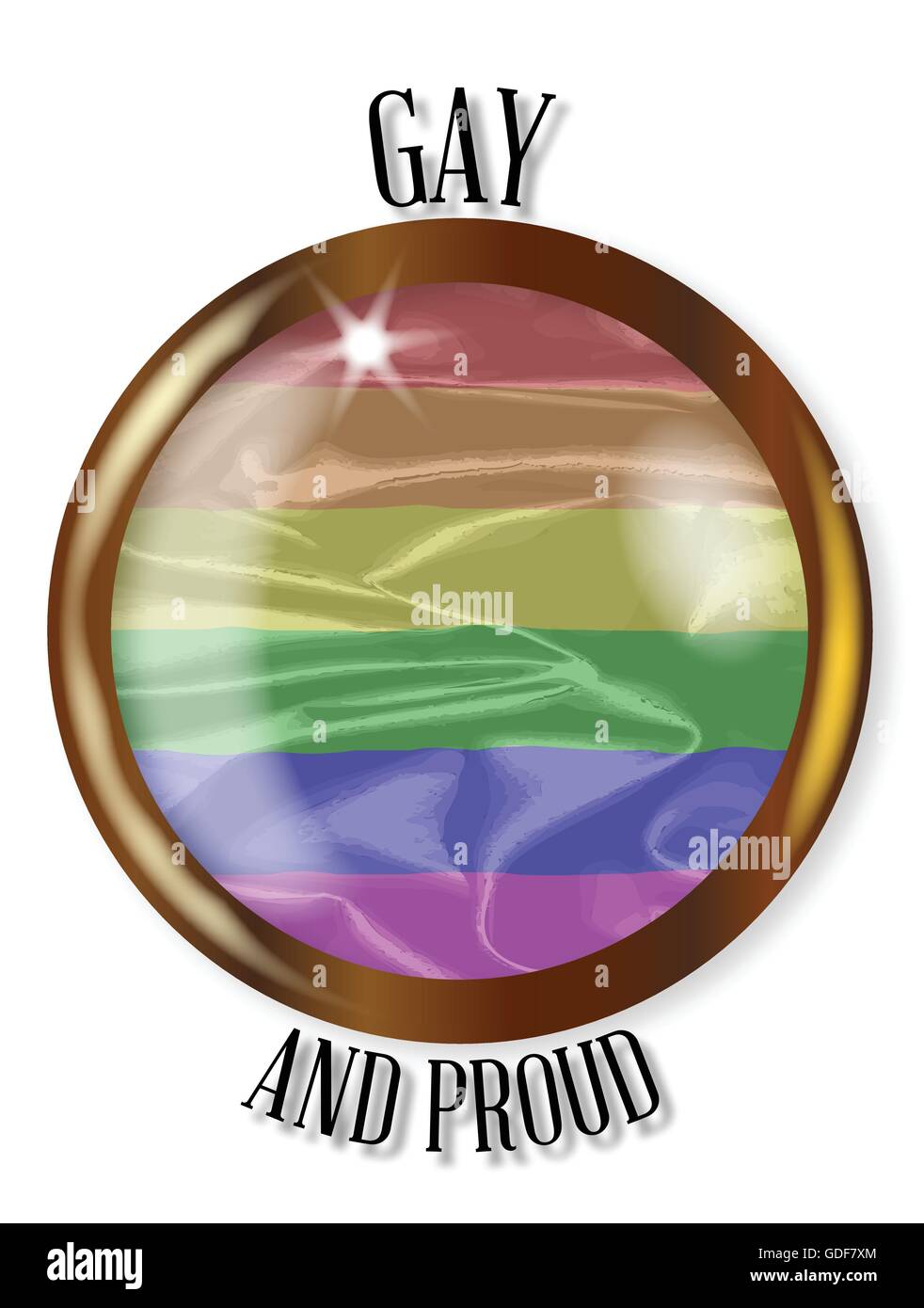 Schaltfläche "Gay Pride" mit gold Metall kreisförmigen Rand auf weißem Hintergrund mit dem Text Gay und stolz Stock Vektor