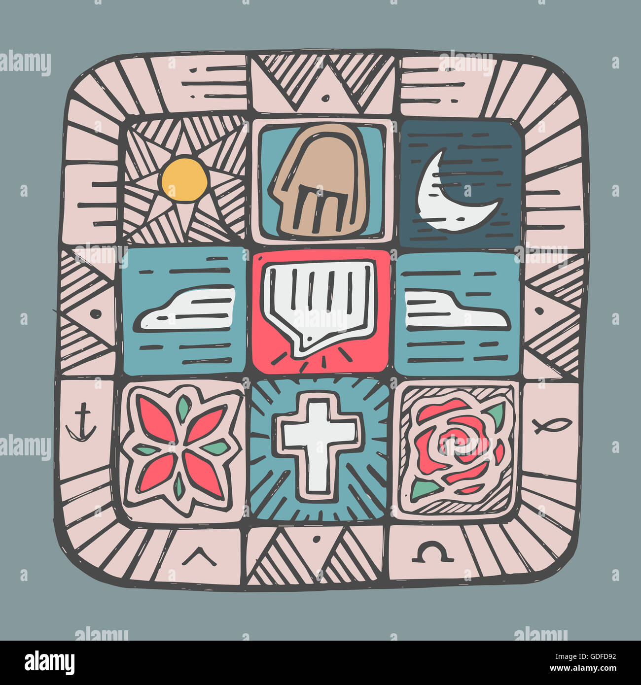 Vektor-Illustration von Hand gezeichnet oder Zeichnung eines Mosaik-Designs mit verschiedenen religiösen katholischen Symbolen Stockfoto