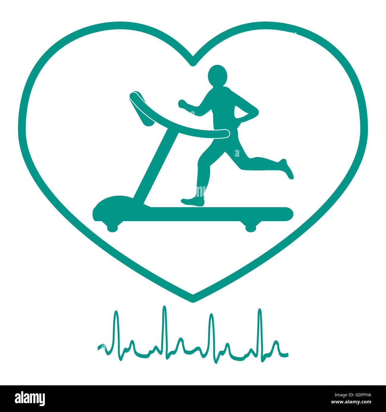 Stilisierte Ikone des Mannes Joggen auf einem Laufband im Rahmen der Herz-Symbol und Herzrhythmus auf weißem Hintergrund Stock Vektor