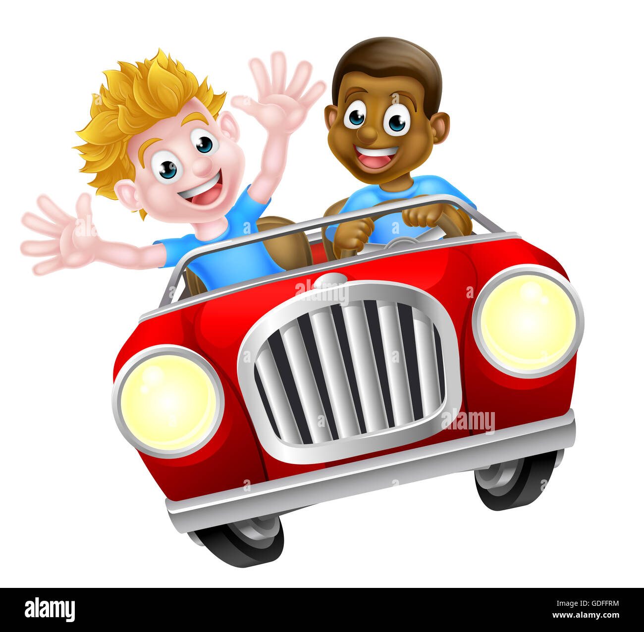 Cartoon Jungen fahren schnell in einem Auto auf einem Roadtrip Stockfoto