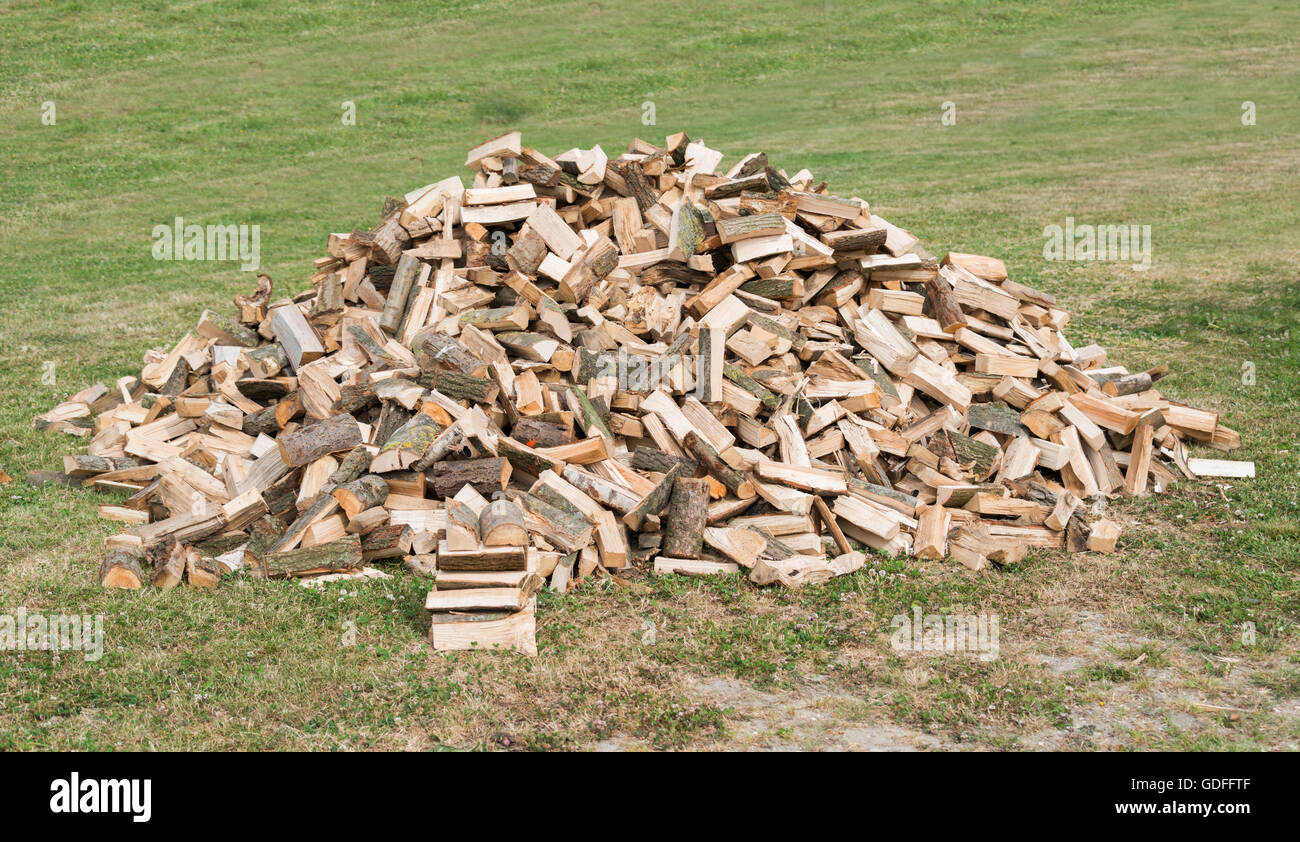 Haufen von Spaltebrennholz auf dem grünen Rasen Stockfoto