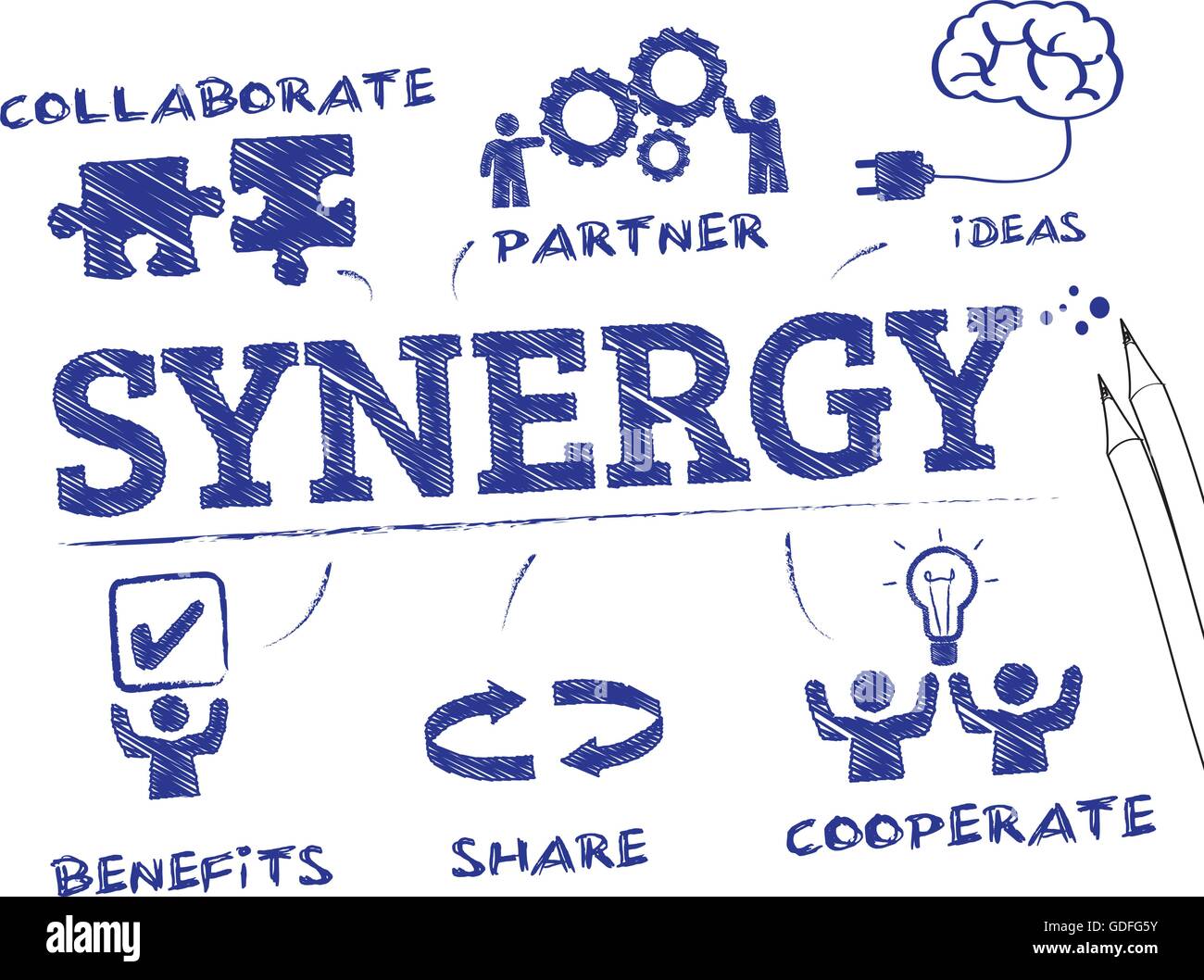 Synergie. Diagramm mit Keywords und Symbole Stock Vektor