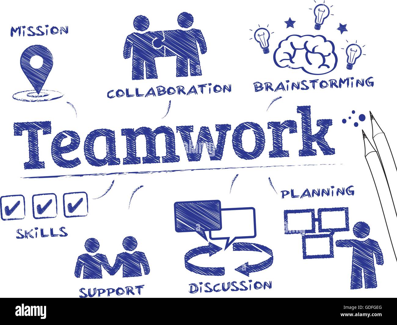 Teamarbeit-Konzept. Diagramm mit Keywords und Symbole Stock Vektor
