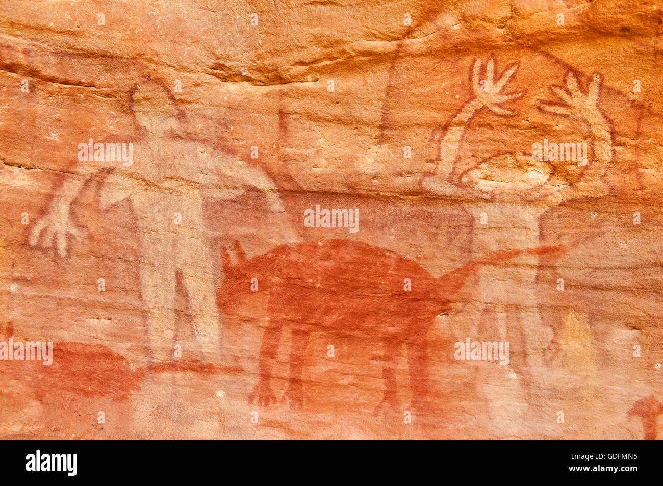 Aborigine-Felskunst (Quinkan Felszeichnungen) am Kap-York-Halbinsel. Stockfoto
