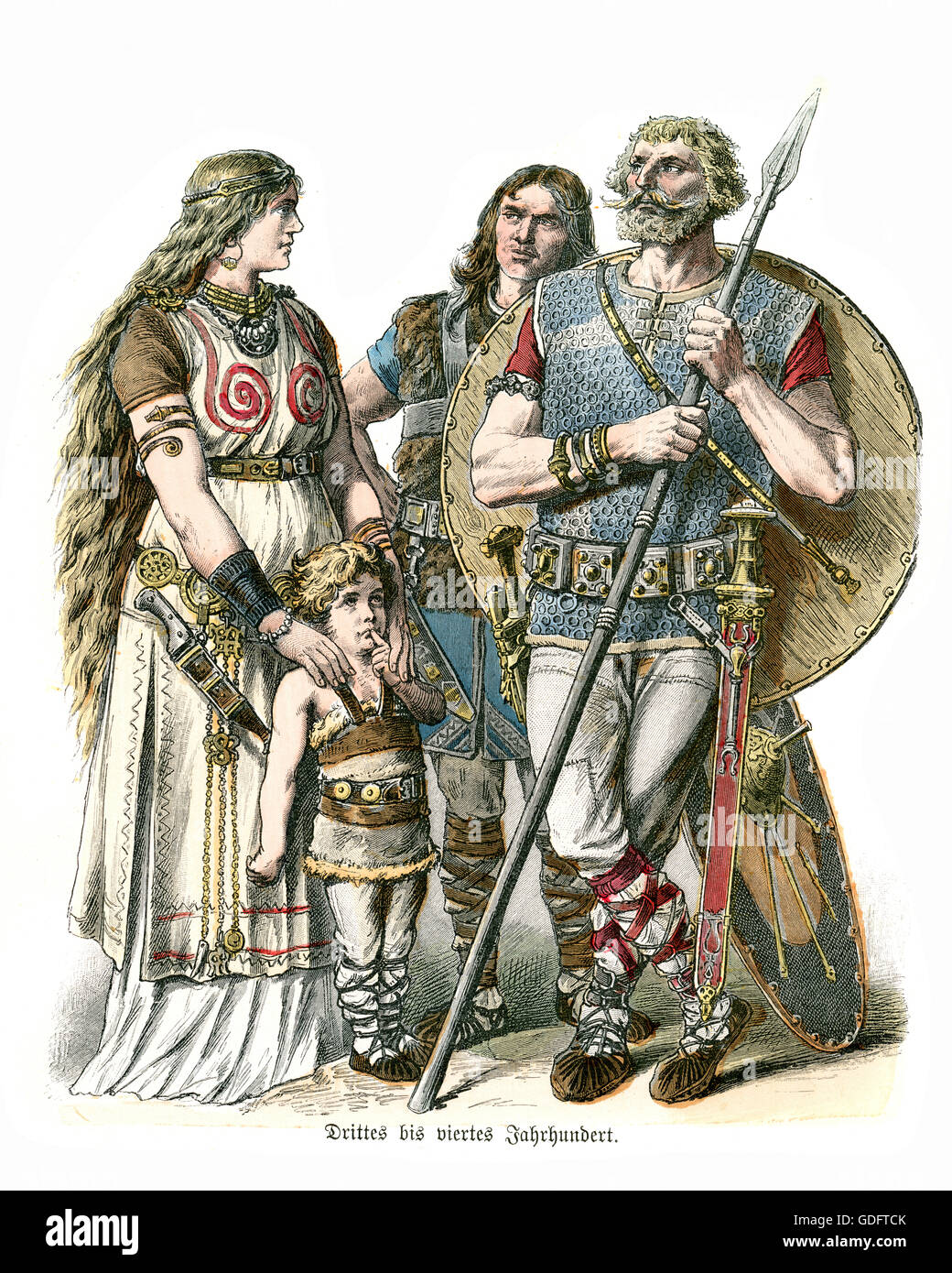 Kostüme von germanischen Stämmen 1. bis 4. Jahrhundert, Mutter und Kind und Krieger mit Speer und Schild Stockfoto