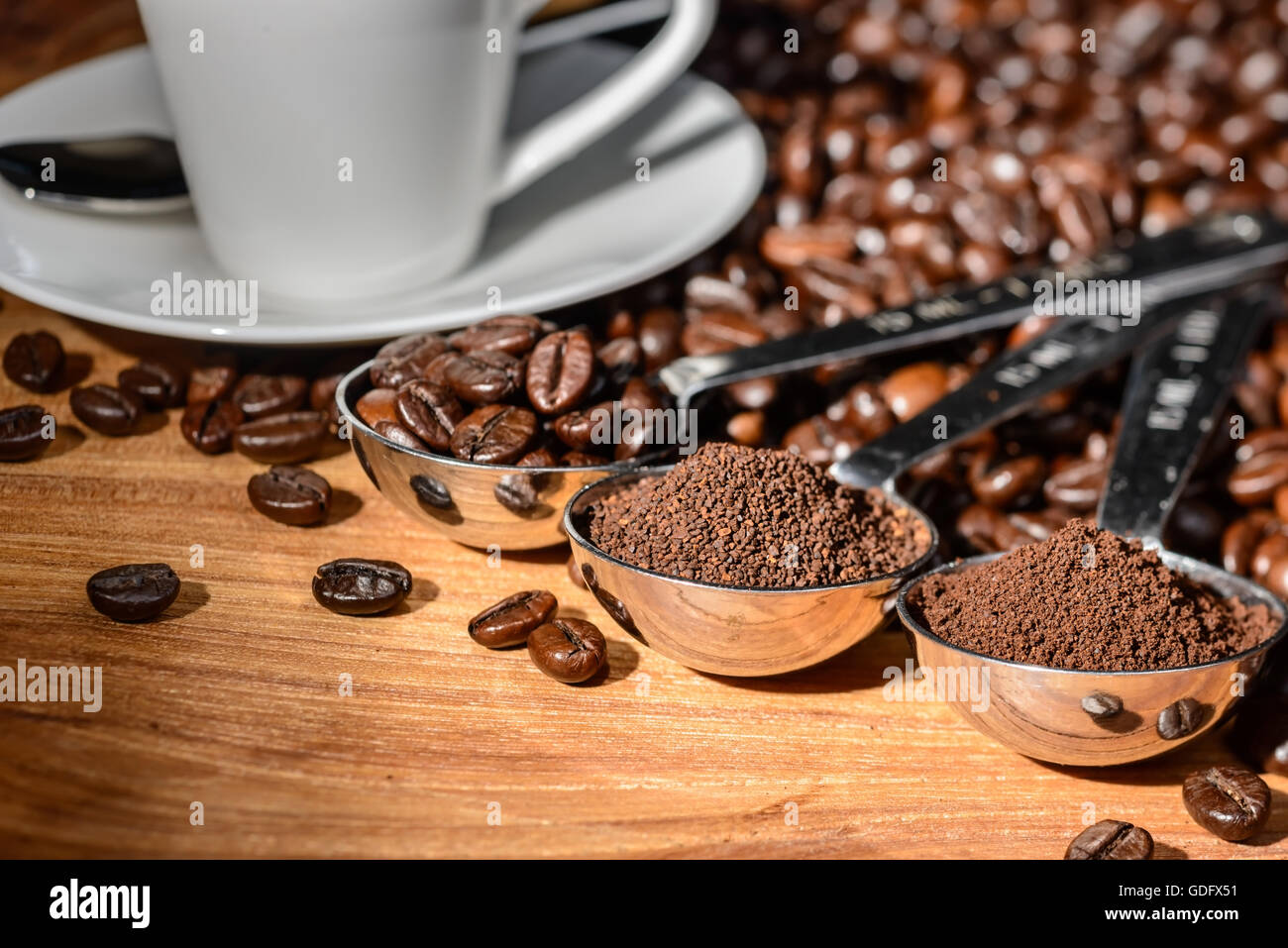 Kaffee-Bohnen und Pulver in den Löffel Stockfoto