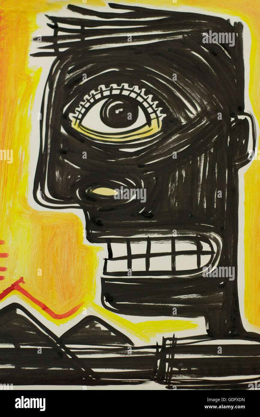 Vektor-Illustration von Hand gezeichnet oder Zeichnung eines menschlichen Gesichts im expressionistischen Stil mit schwarzer Tinte Stockfoto