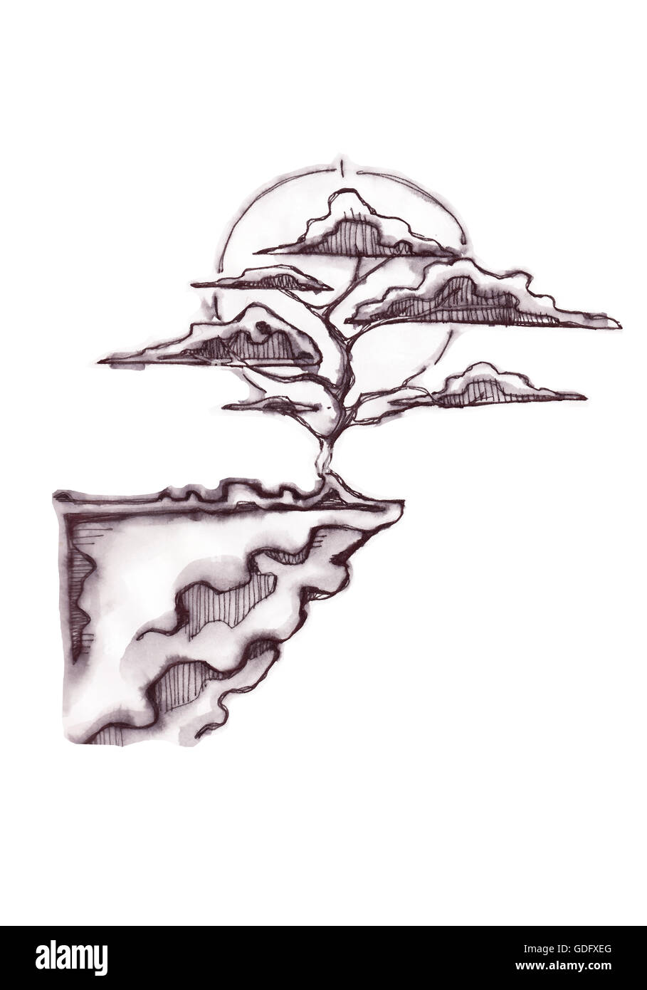 Vektor-Illustration von Hand gezeichnet oder eine Zeichnung ein Bonsai-Baum  auf einem Felsen Stockfotografie - Alamy