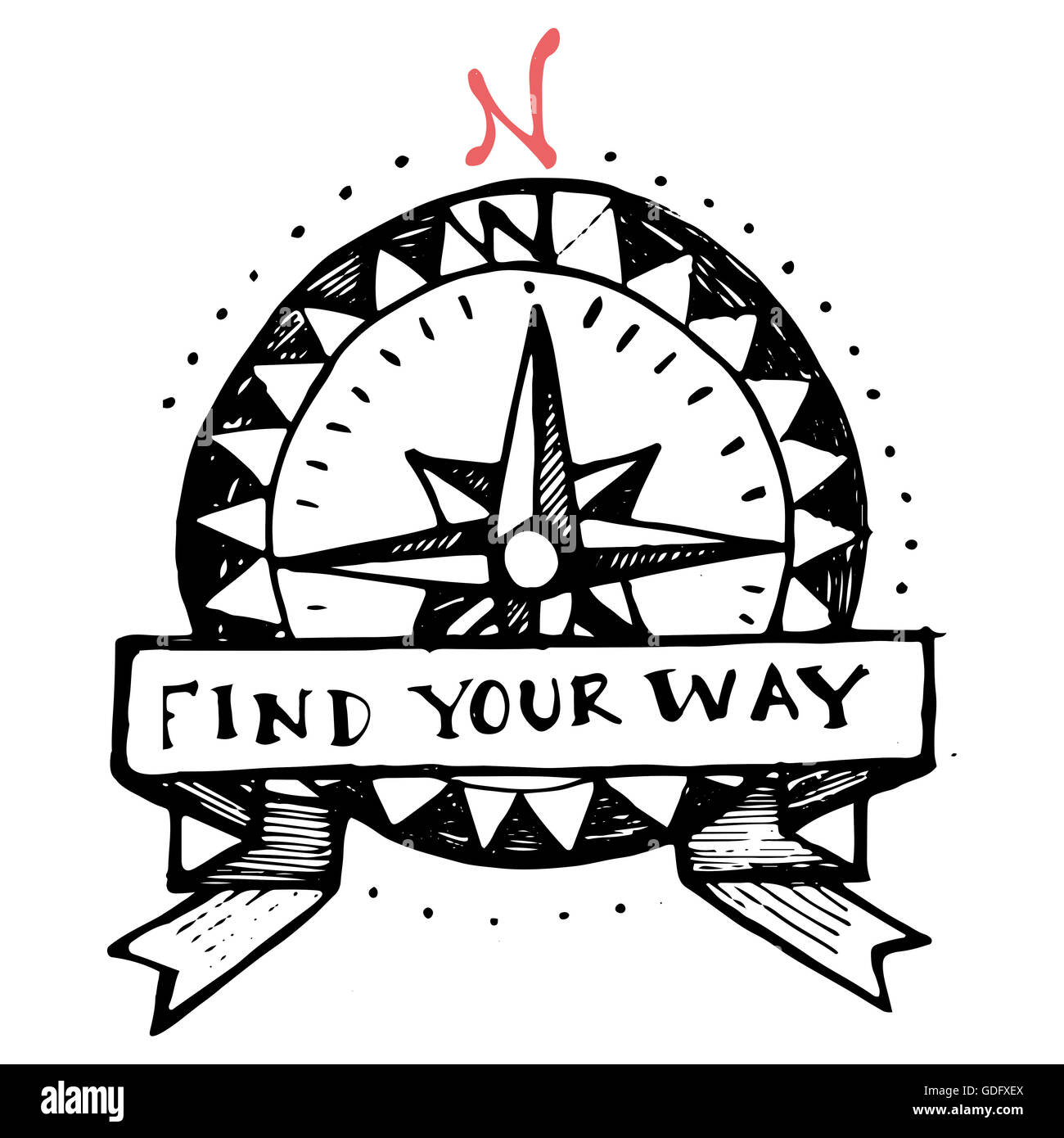 Hand gezeichnet Vektor-Illustration von einem alten Stil-Kompass mit dem Satz: finden Sie Ihren Weg Stockfoto