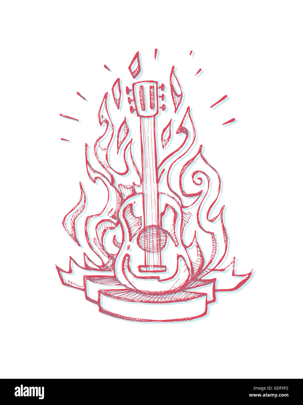 Vektor-Illustration von Hand gezeichnet oder Zeichnung einer akustischen Gitarre in Flammen Stockfoto