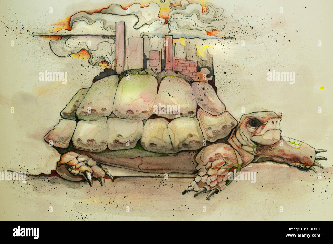 Handgezeichnete Aquarell Bild oder Zeichnung einer Schildkröte mit einer Stadt oder einer Stadtlandschaft auf der Schale Stockfoto