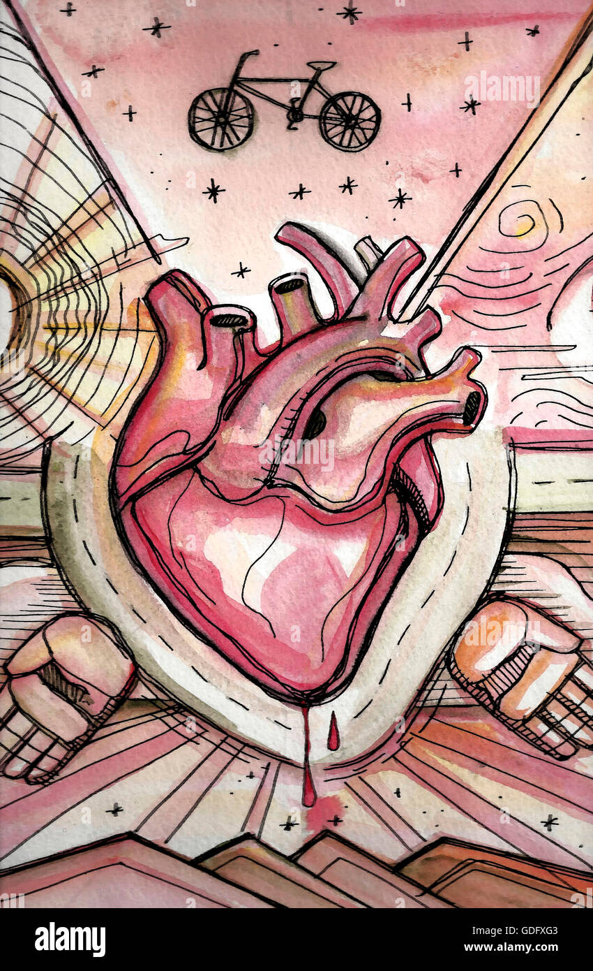 Vektor-Illustration von Hand gezeichnet oder eine Zeichnung eines menschlichen Herzens und einige städtische Symbole Stockfoto
