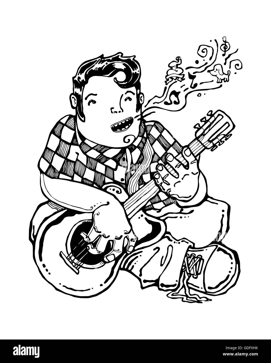 Handgezeichnete Illustrationen oder Zeichnung von einem Gitarristen Stockfoto