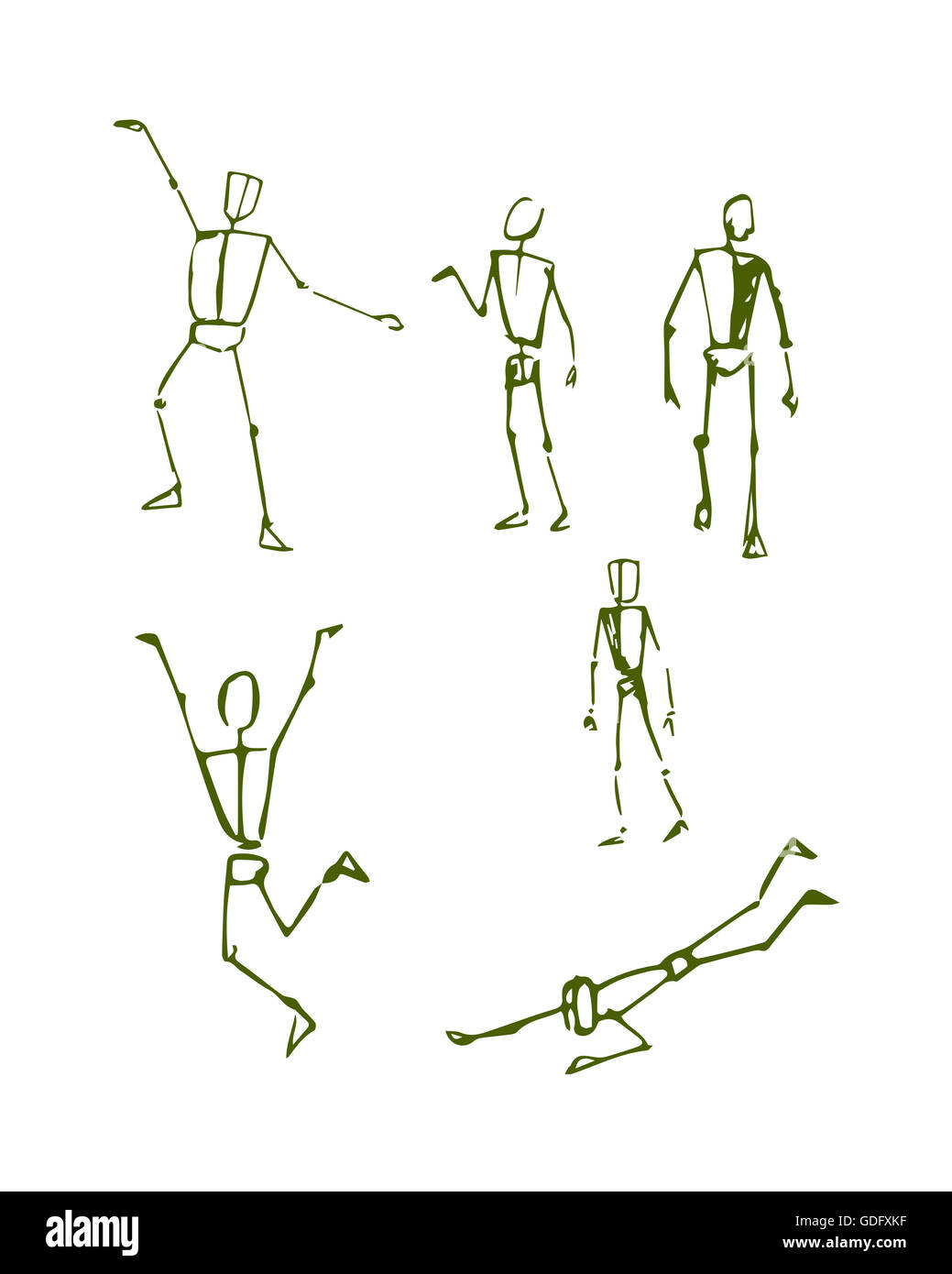 Handgezeichnete Illustrationen oder Zeichnung von verschiedenen Männern menschlichen Körperpositionen in einer Skizze-Stil Stockfoto