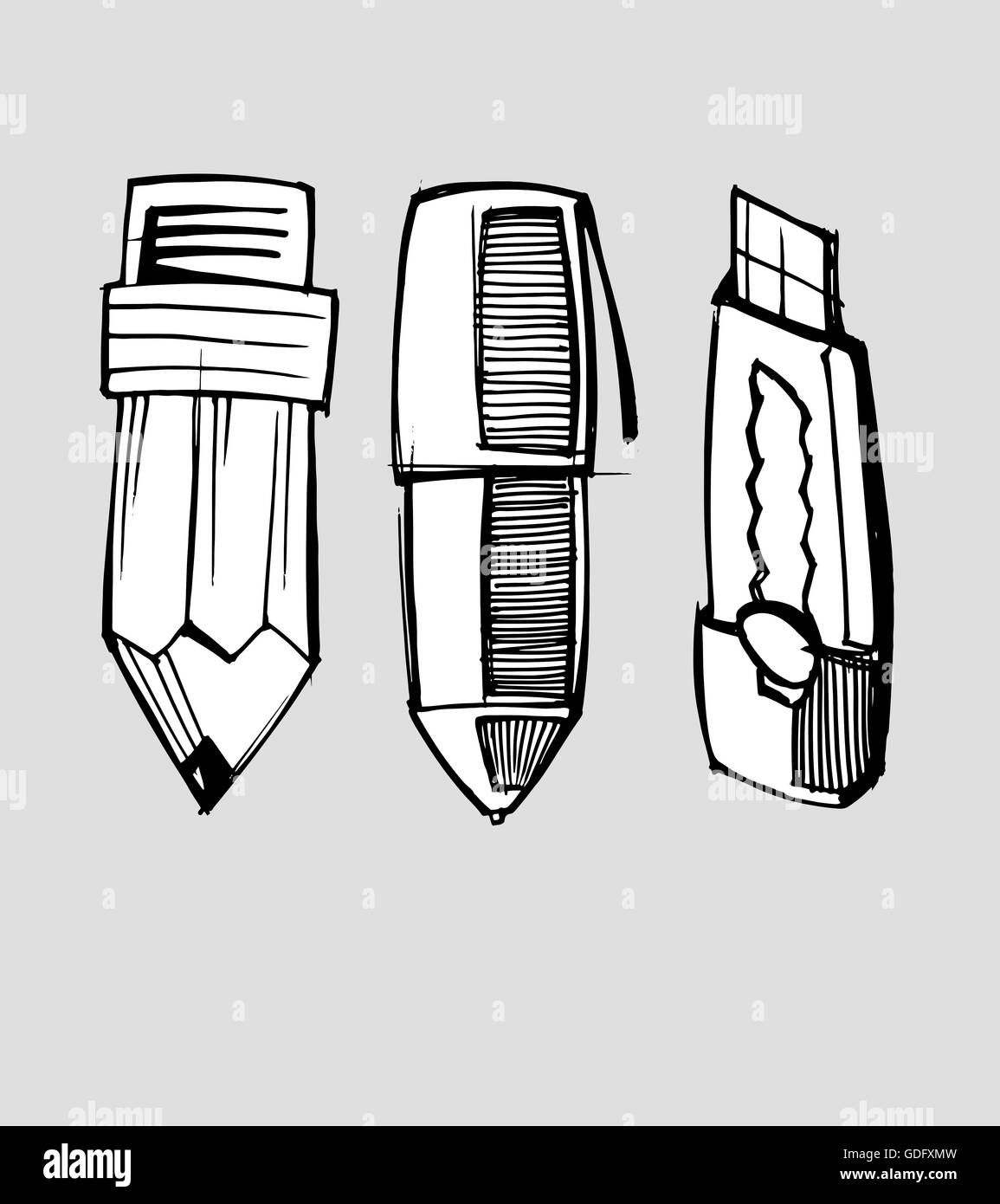 Han gezeichnet Abbildung einer Cartoon-Bleistift, Stift und cutter Stockfoto