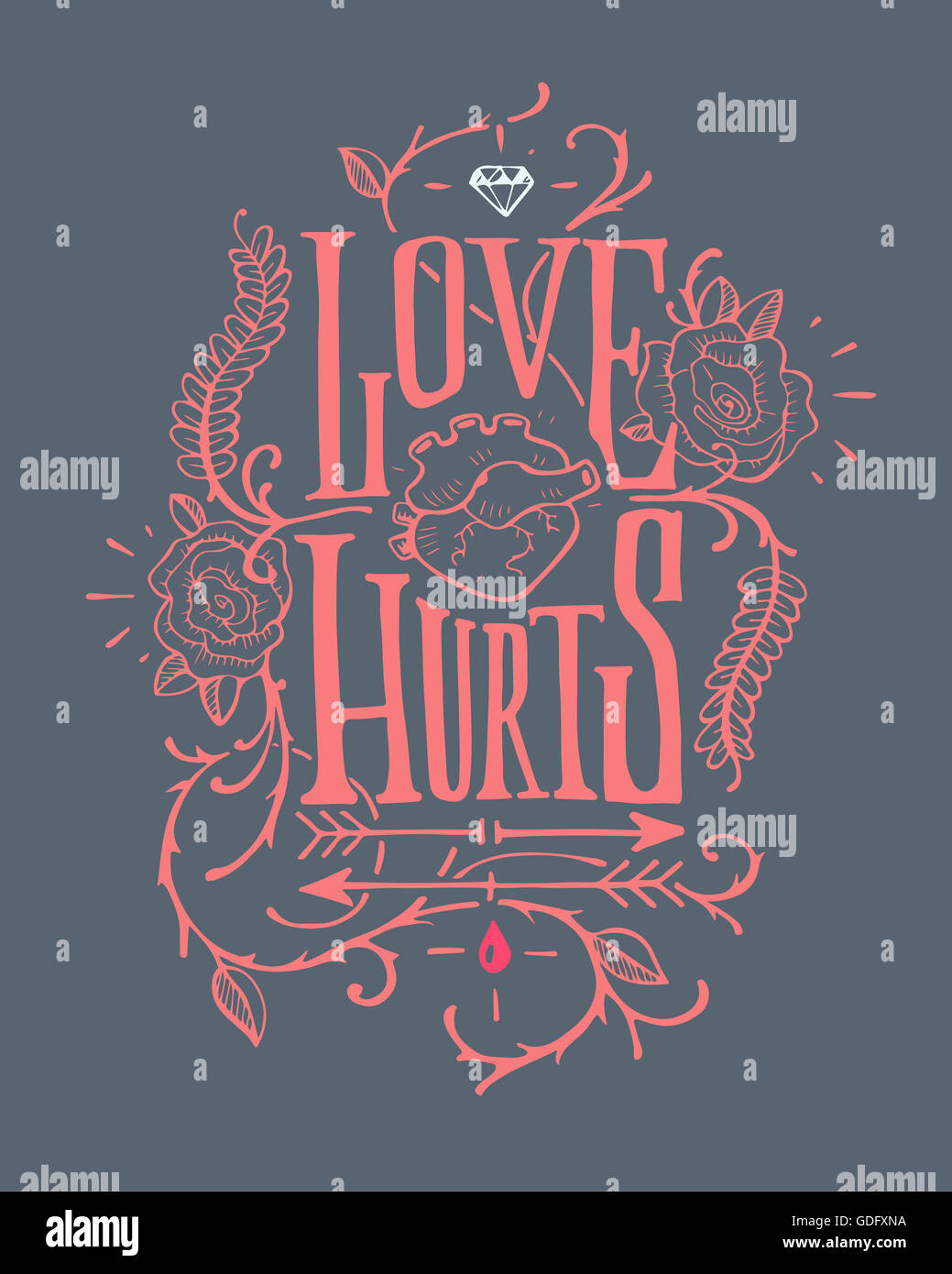 Handgezeichnete Illustrationen oder Zeichnung eines Schriftzug Abzeichen mit ein menschliches Herz, Rosen, ein Diamant und die Phrase: Love Hurts Stockfoto