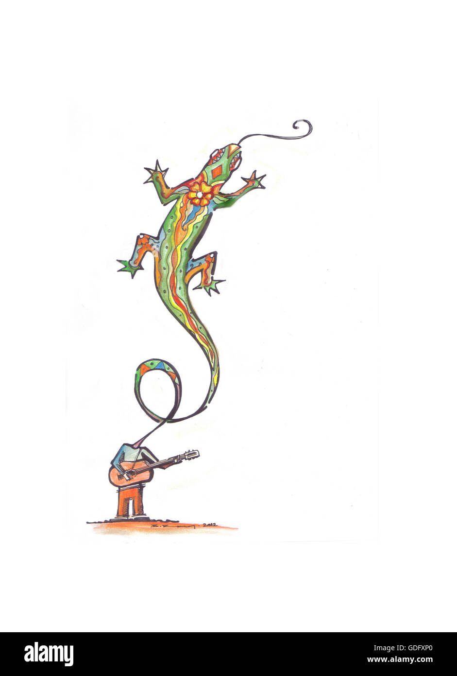 Hand gezeichnete Bild oder Zeichnung von einem Mann, die Gitarre zu spielen und mit einer Eidechse statt Kopf Stockfoto