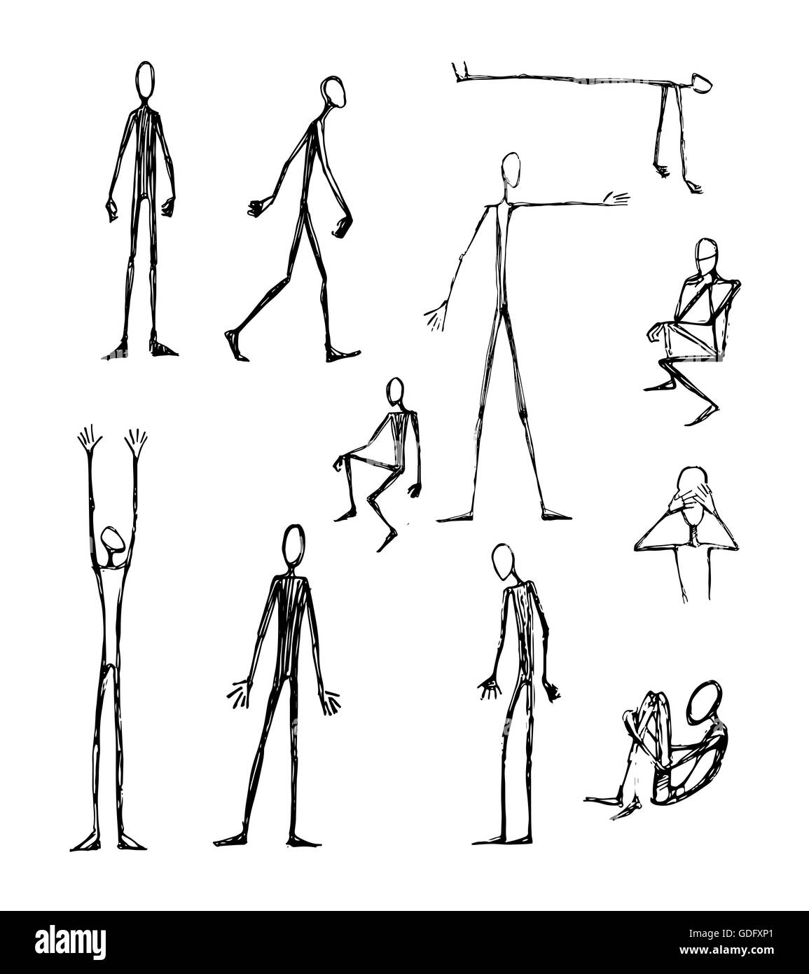 Vektor-Illustration von Hand gezeichnet oder Zeichnung von einigen Männern langen dünnen Silhouetten Stockfoto