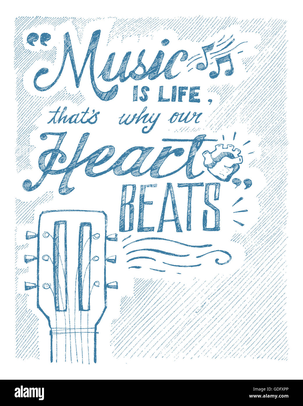Handgezeichnete Illustrationen oder Zeichnung der Satz: Musik ist das Leben, das ist, warum unser Herz schlägt Stockfoto
