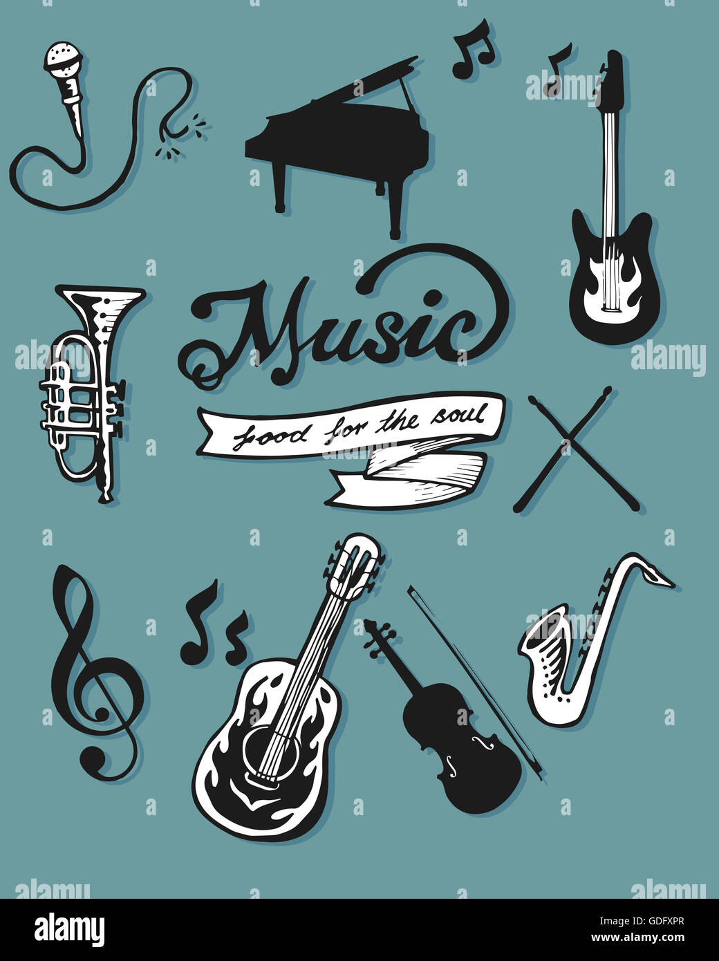 Handgezeichnete Illustrationen oder Zeichnung von verschiedenen Musikinstrumenten Stockfoto