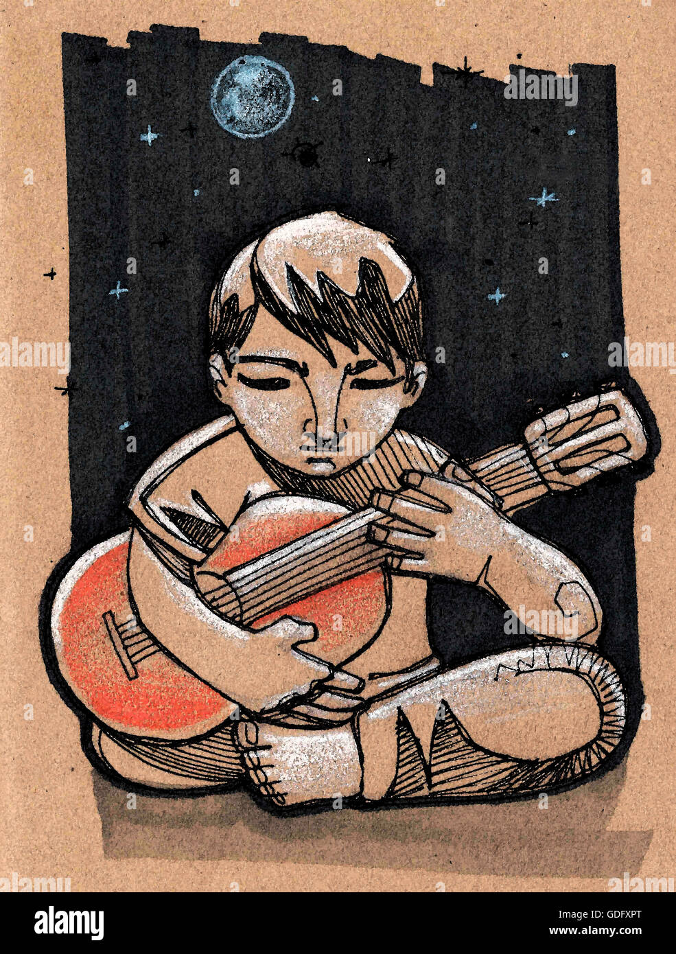 Handgezeichnete Illustrationen oder Zeichnung von einem Musiker, spielt Gitarre in sternenklaren Nacht Stockfoto