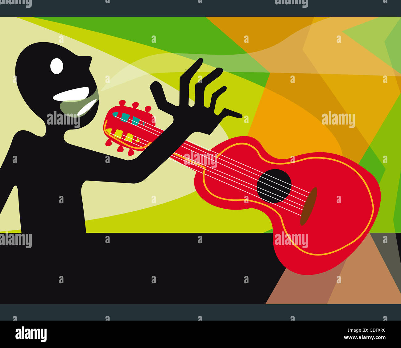 Handgezeichnete Illustrationen oder Zeichnung eines lächelnden Musikers mit seiner akustischen Gitarre Stockfoto