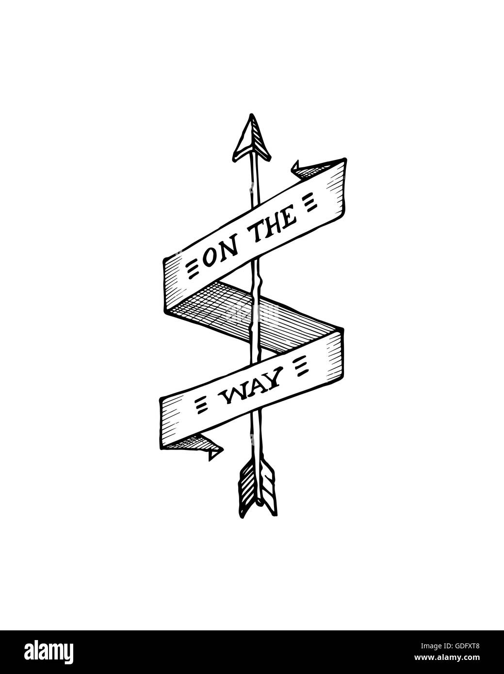 Hand Unentschieden Illustration oder eine Zeichnung von einem Pfeil und ein Band, das sagt: auf dem Weg Stockfoto