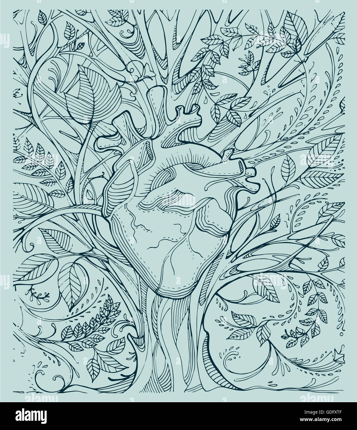 Hand gezeichnete Bild oder Zeichnung ein menschliches Herz und ein Baum mit vielen Ästen und Blättern Stockfoto
