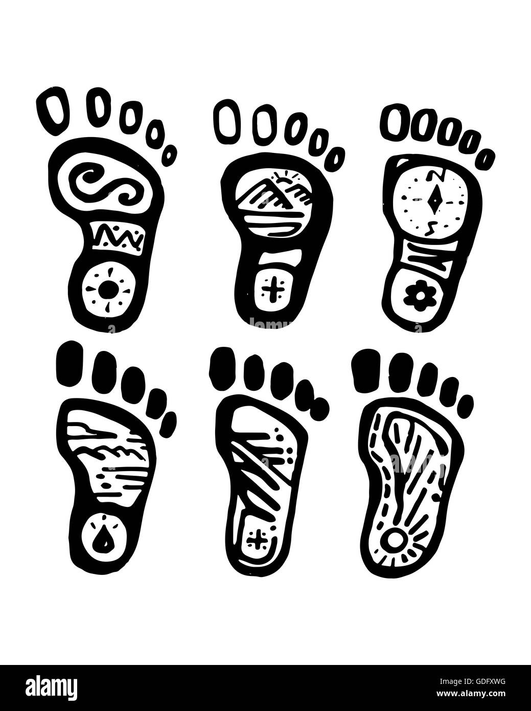 Handgezeichnete Illustrationen oder Zeichnung von ein paar Fuß Silhouetten mit verschiedenen Symbolen in Ihnen Stockfoto