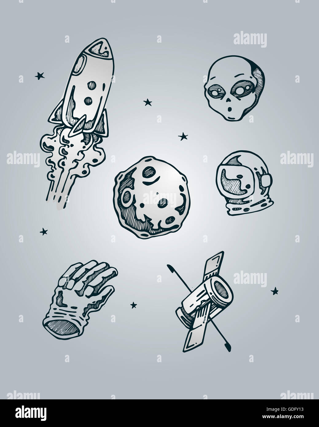 Handgezeichnete Illustrationen oder Zeichnung von verschiedenen Elementen Stockfoto