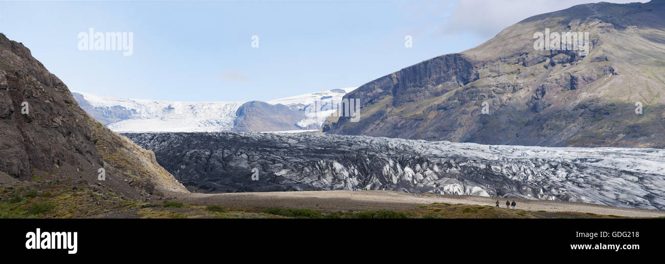 Island: Panoramablick über die Skaftafellsjökull, Skaftafell Gletscher, einem Ausläufer des Vatnajökull-Eiskappe Stockfoto