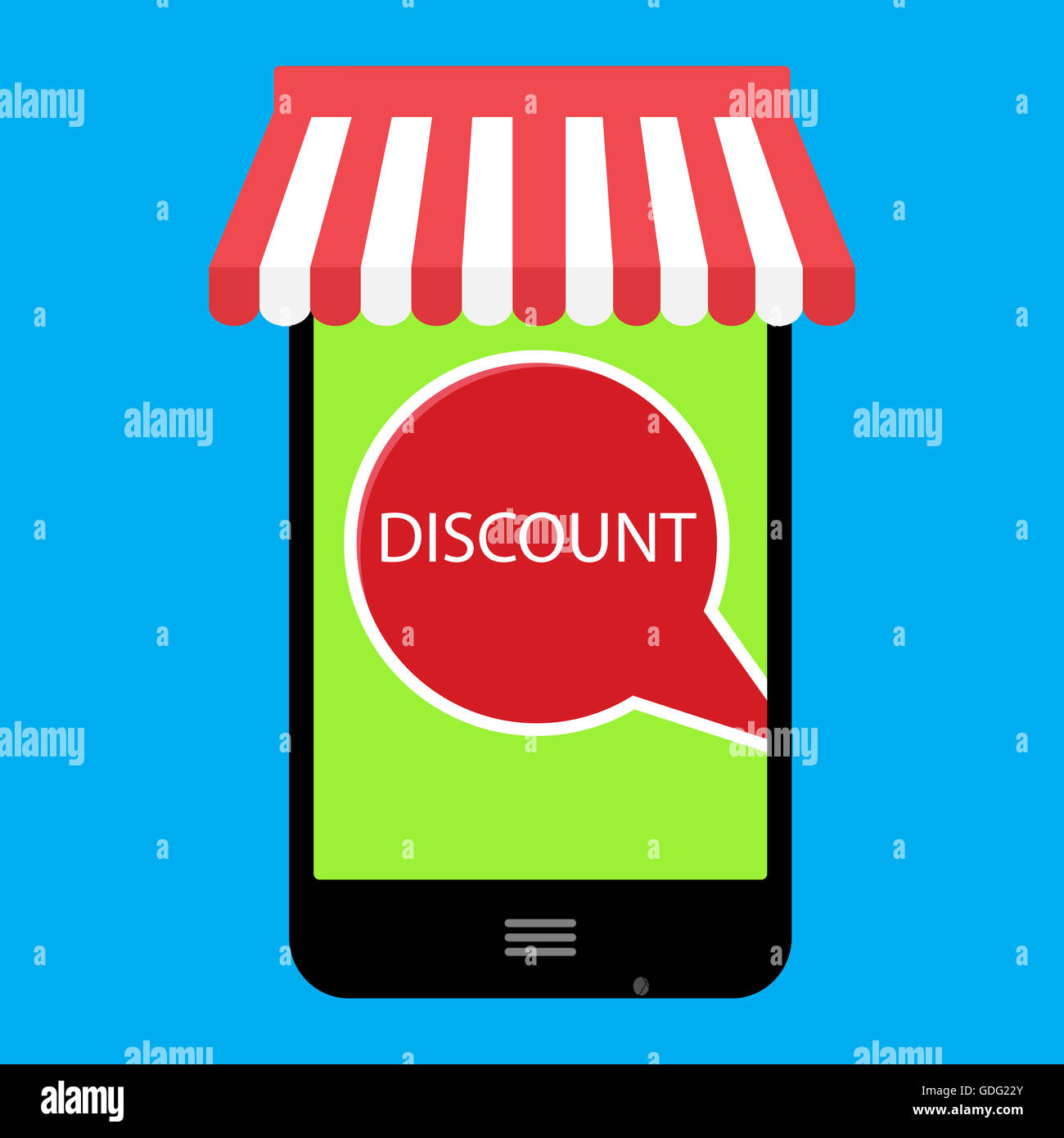 Online-Rabatt. Mit Verwendung Smartphone kaufen. Verkauf und Einkauf, Förderung und sparen Sie Geld, Vektor-Illustration Stockfoto