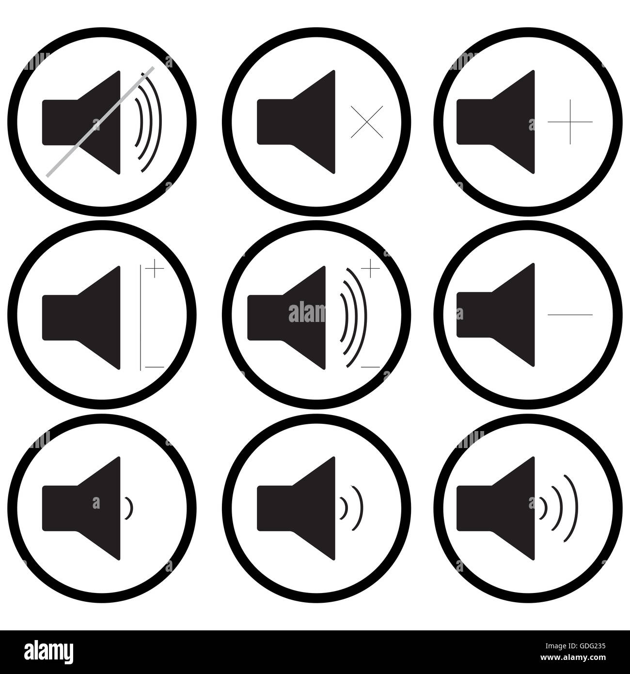Satz von sound Symbole Monochrom. Audio und multimedia, Sound-Lautstärke. Vektor-illustration Stockfoto