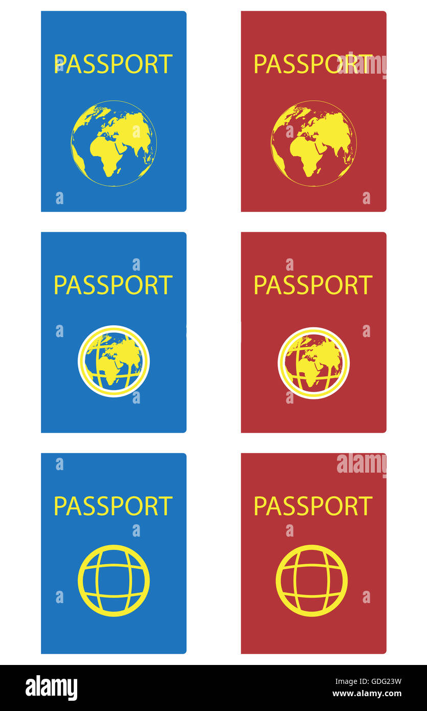 Satz von Pässen, rot und blau. Passport-Seite und Reisepass isoliert auf weißem Hintergrund. Vektor-illustration Stockfoto