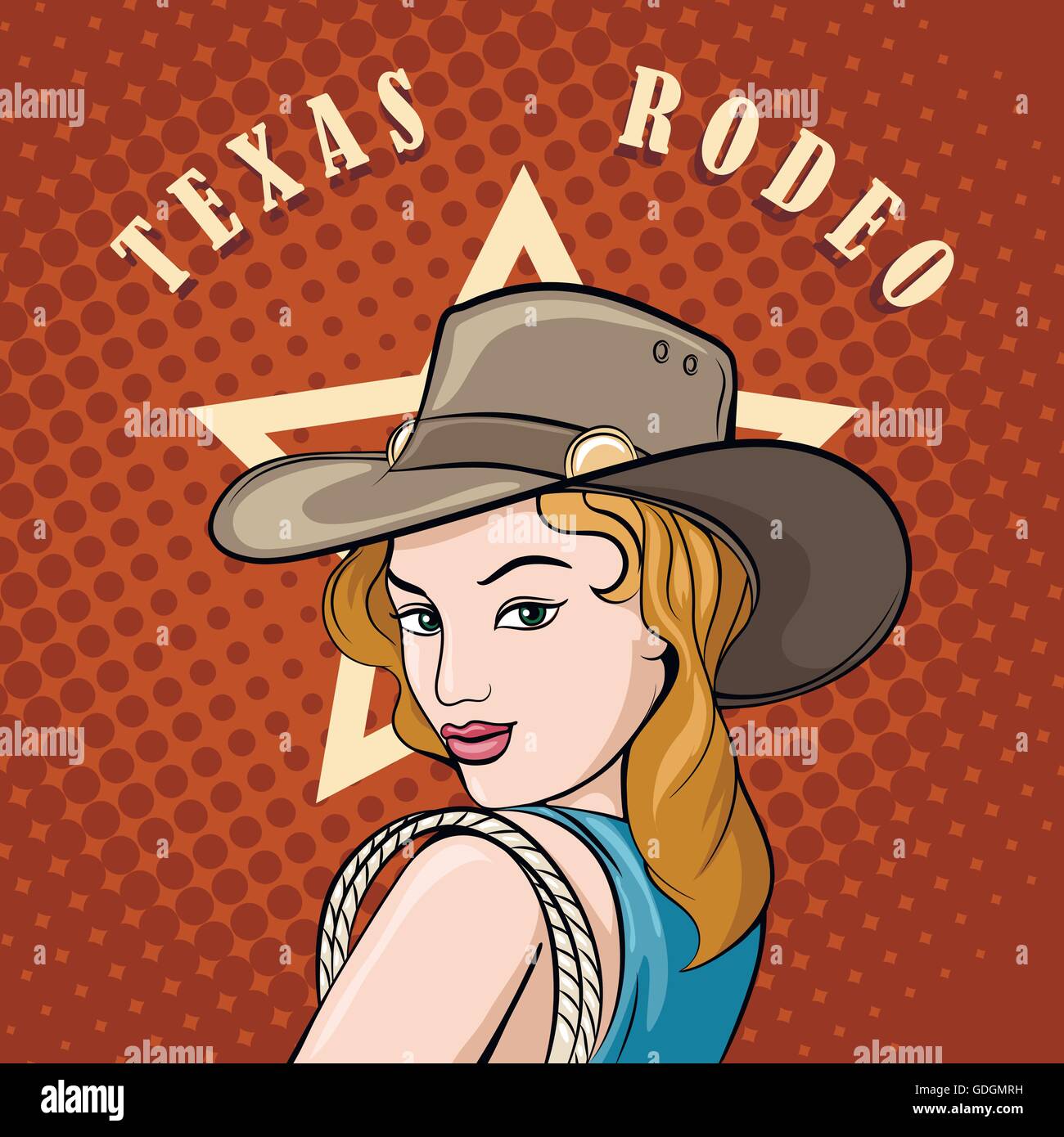 Hübsches Mädchen in Cowboy-Hut mit Lasso. Pop Art-Stil. Wild-West oder Texas Rodeo Etikettengestaltung Stock Vektor