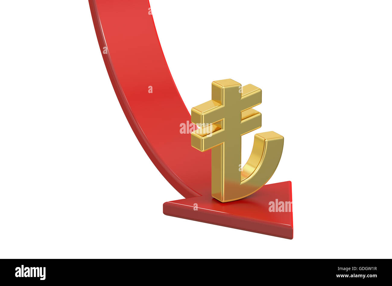 Roten Pfeil mit Symbol der türkischen Lira, Krisenkonzept fallen. 3D-Rendering isoliert auf weißem Hintergrund Stockfoto