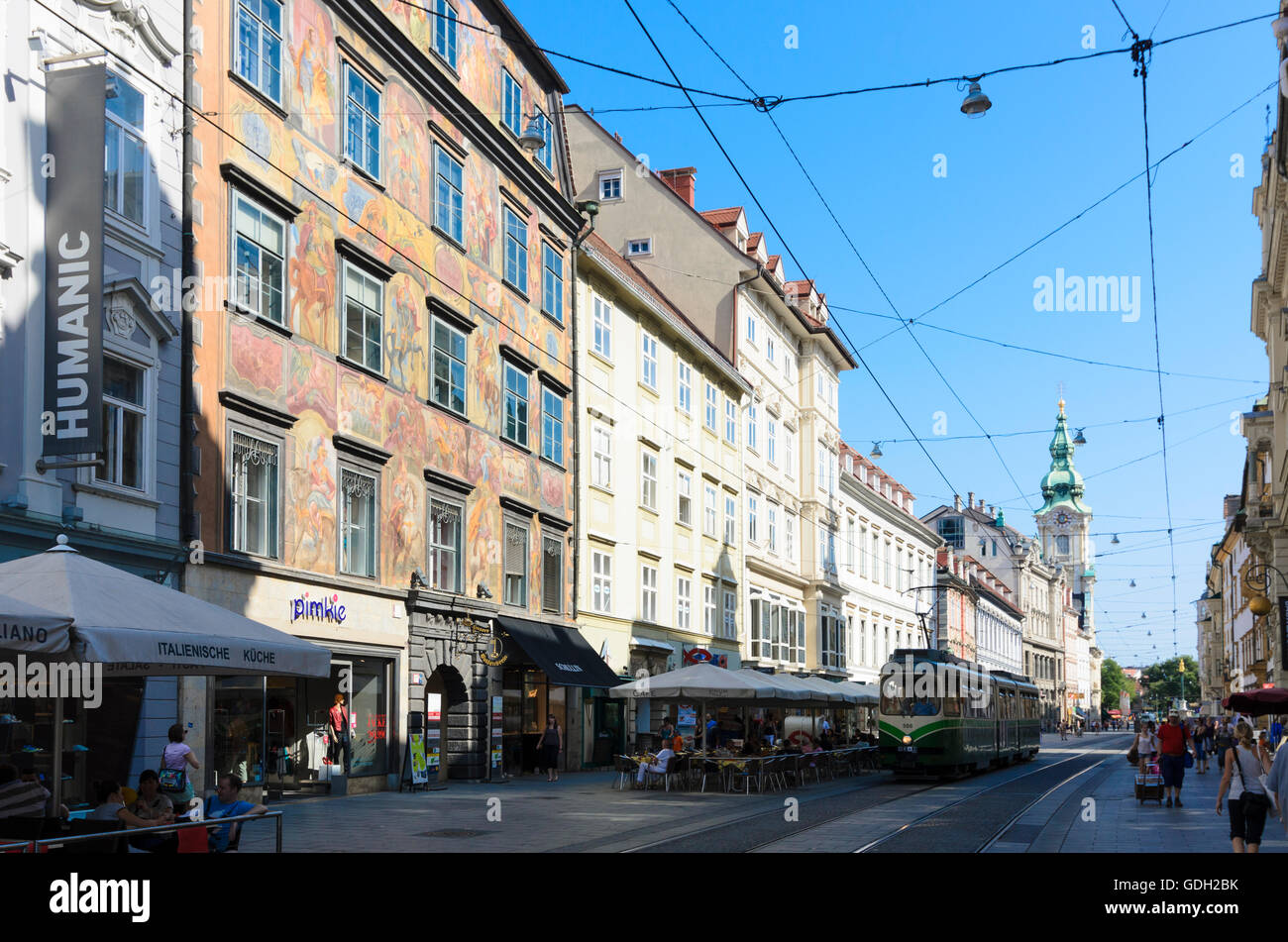 Graz: Straße Herrengasse, Haus Herzogshof (auch "gemalten Haus") und Stadtkirche, Region Graz, Steiermark, Steiermark, Österreich Stockfoto