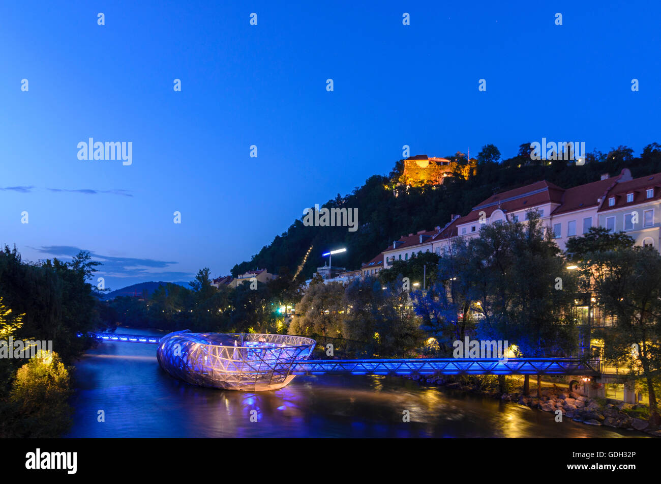 Graz: Mur-Insel in der Mur River, Schlossberg, Österreich, Steiermark, Steiermark, Region Graz Stockfoto