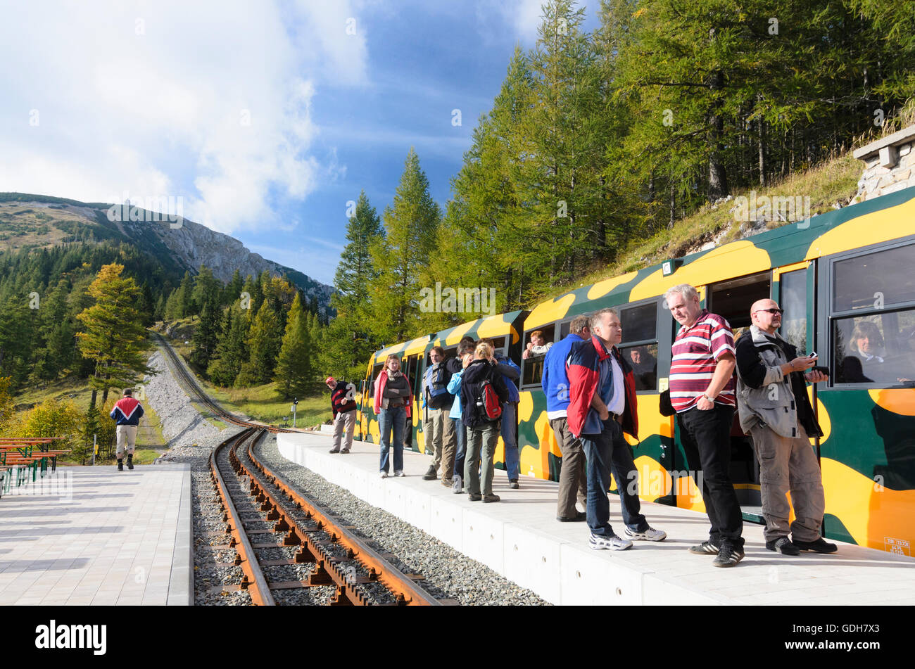 Puchberg bin Schneeberg: Eigen Zahnrad-Bahn Schneebergbahn an der Ausweiche und Station Baumgartner, in der staatlich Stockfoto