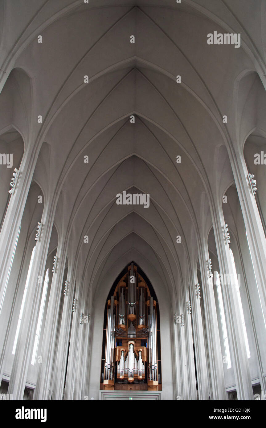 Reykjavik, Island: das Konzert Orgel der Hallgrimskirkja, luteran Kirche von Hallgrimur, von Johannes Klais Orgelbau in Bonn gebaut, Deutschland Stockfoto