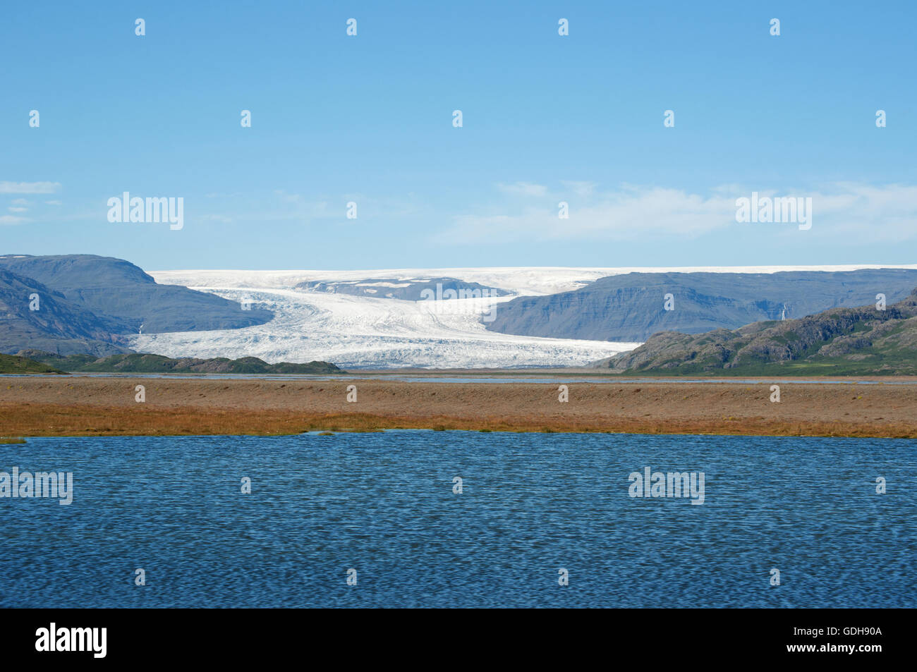 Island: Blick auf die Skaftafellsjökull, Skaftafell Gletscher, einem Ausläufer des Vatnajökull-Eiskappe Stockfoto