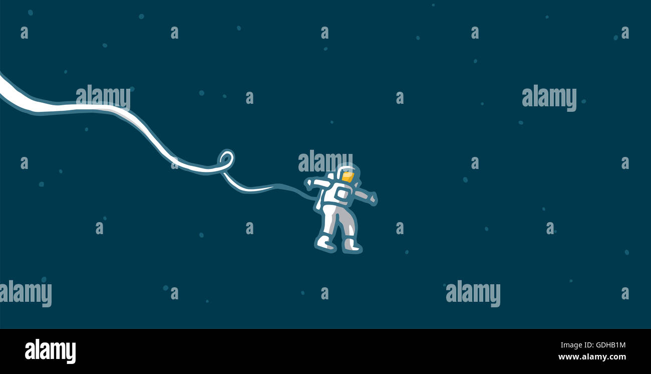 Cartoon-Illustration der einen gestrandeten Astronauten allein im Raum schweben Stockfoto